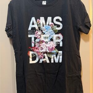 Black Amsterdam Graphic T-Shirt with Floral Design